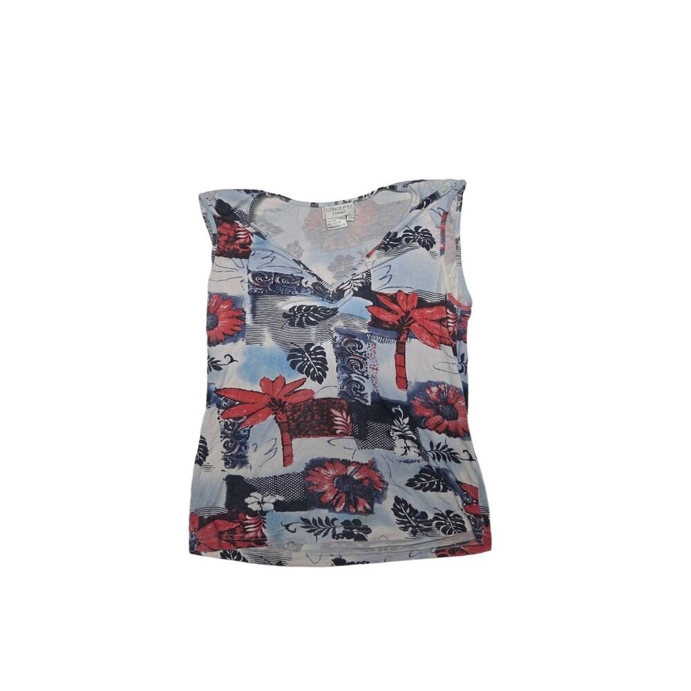 Concepts Conrado Women Blue Red Tropical Floral Patchwork Tank Top Size L